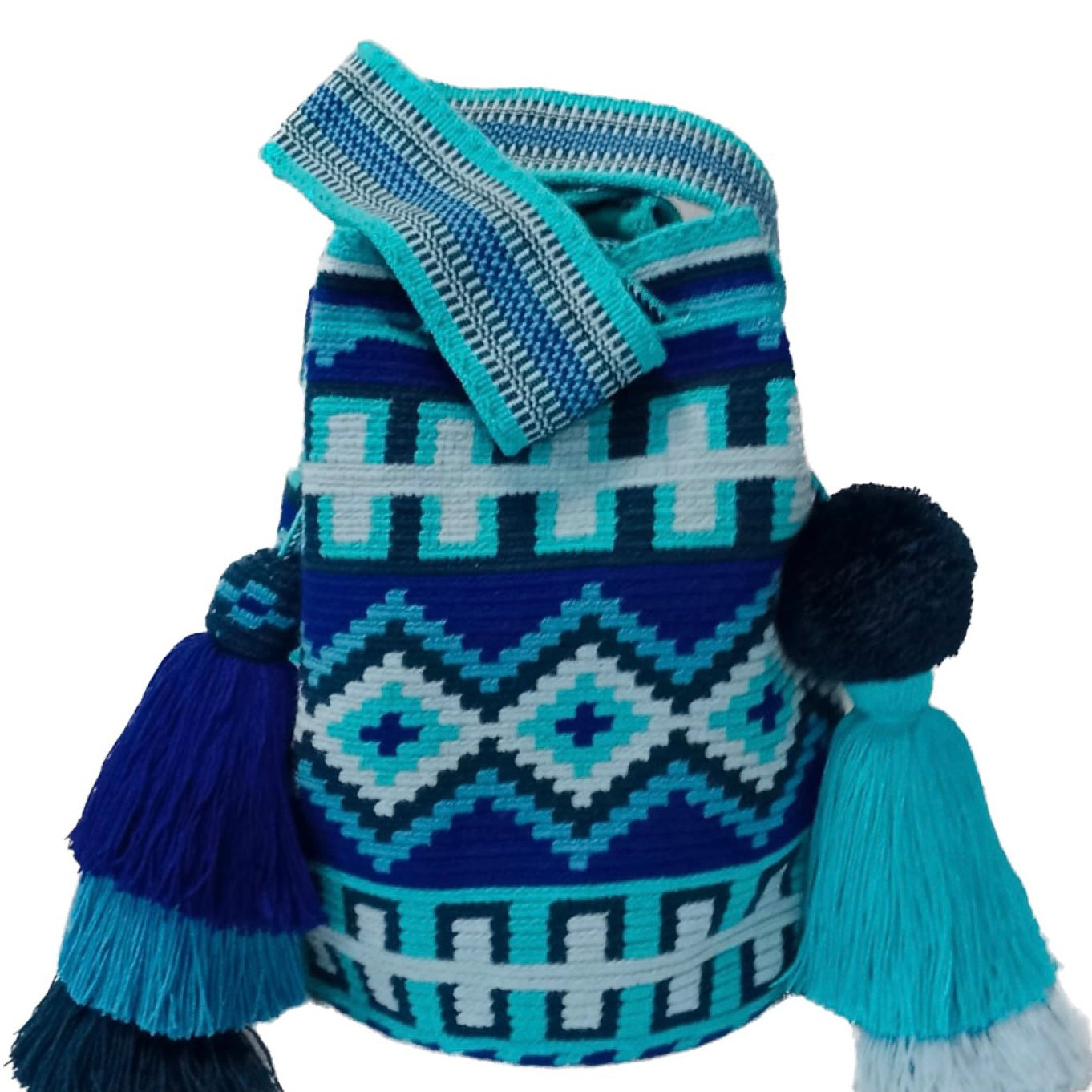 Wayuu bag diamond an rectangle shapes, blue shades