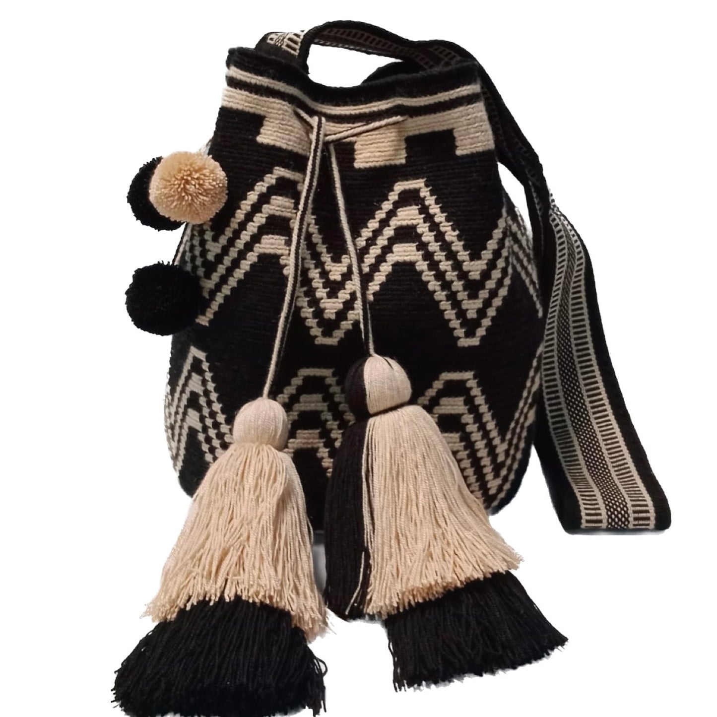 Wayuu black with beige zigzag pattern pompon details on one side