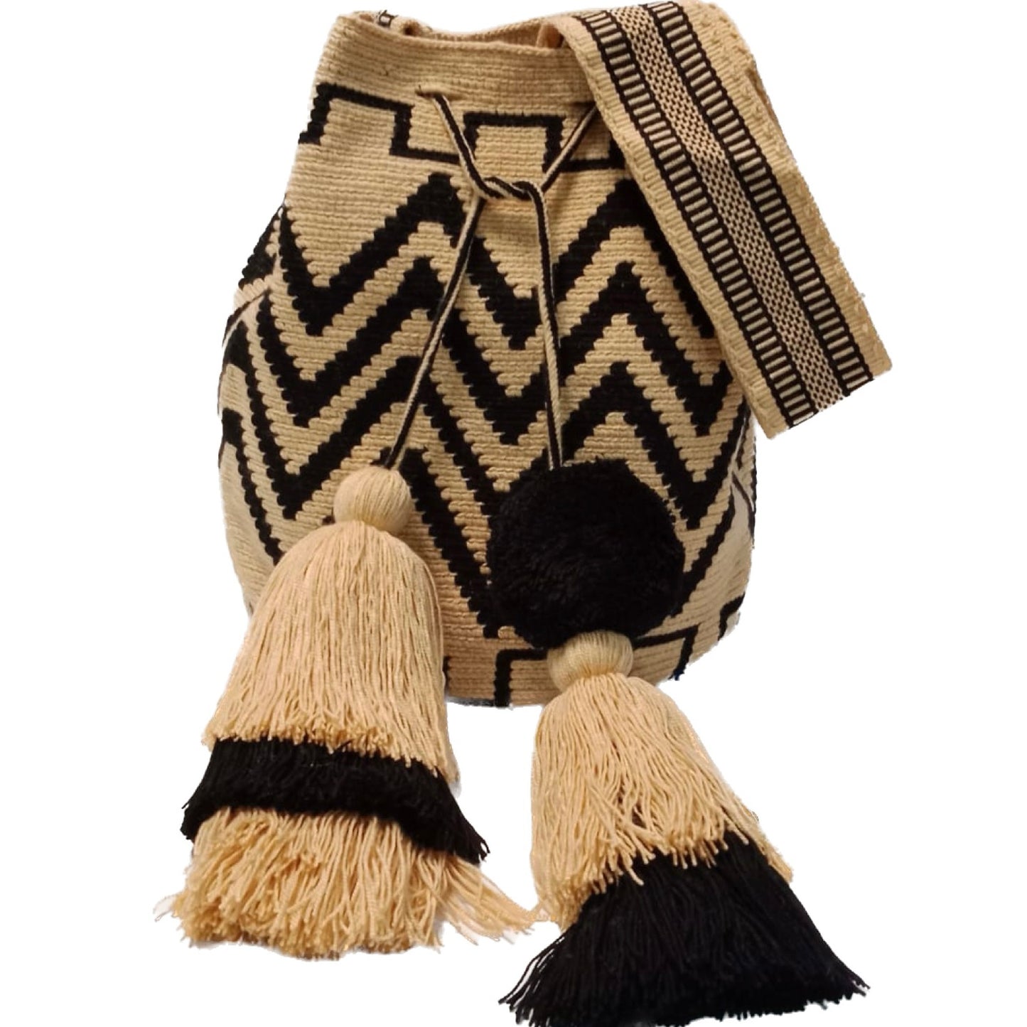 Wayuu beige and black with zigzag pattern one side pompom one side tassel