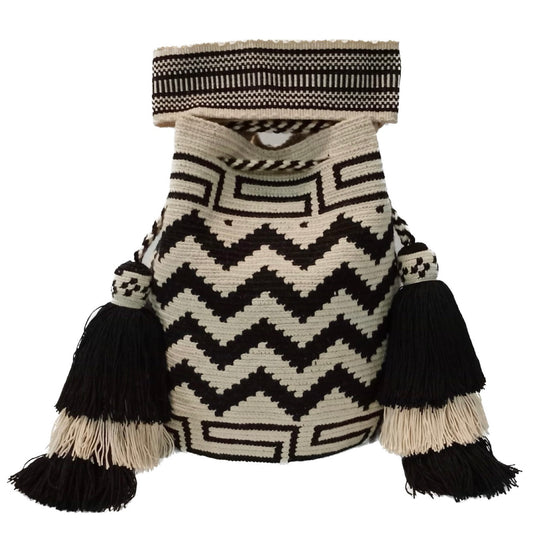 Wayuu off white and black zigzag pattern with embroidered pompon